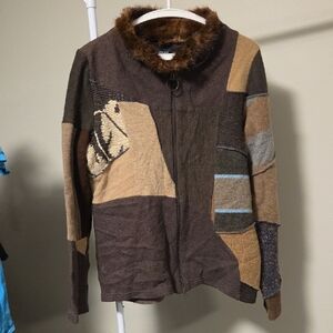 Myco Anna Patchwork Wool Blend Jacket with Faux Fur Collar Size 2X